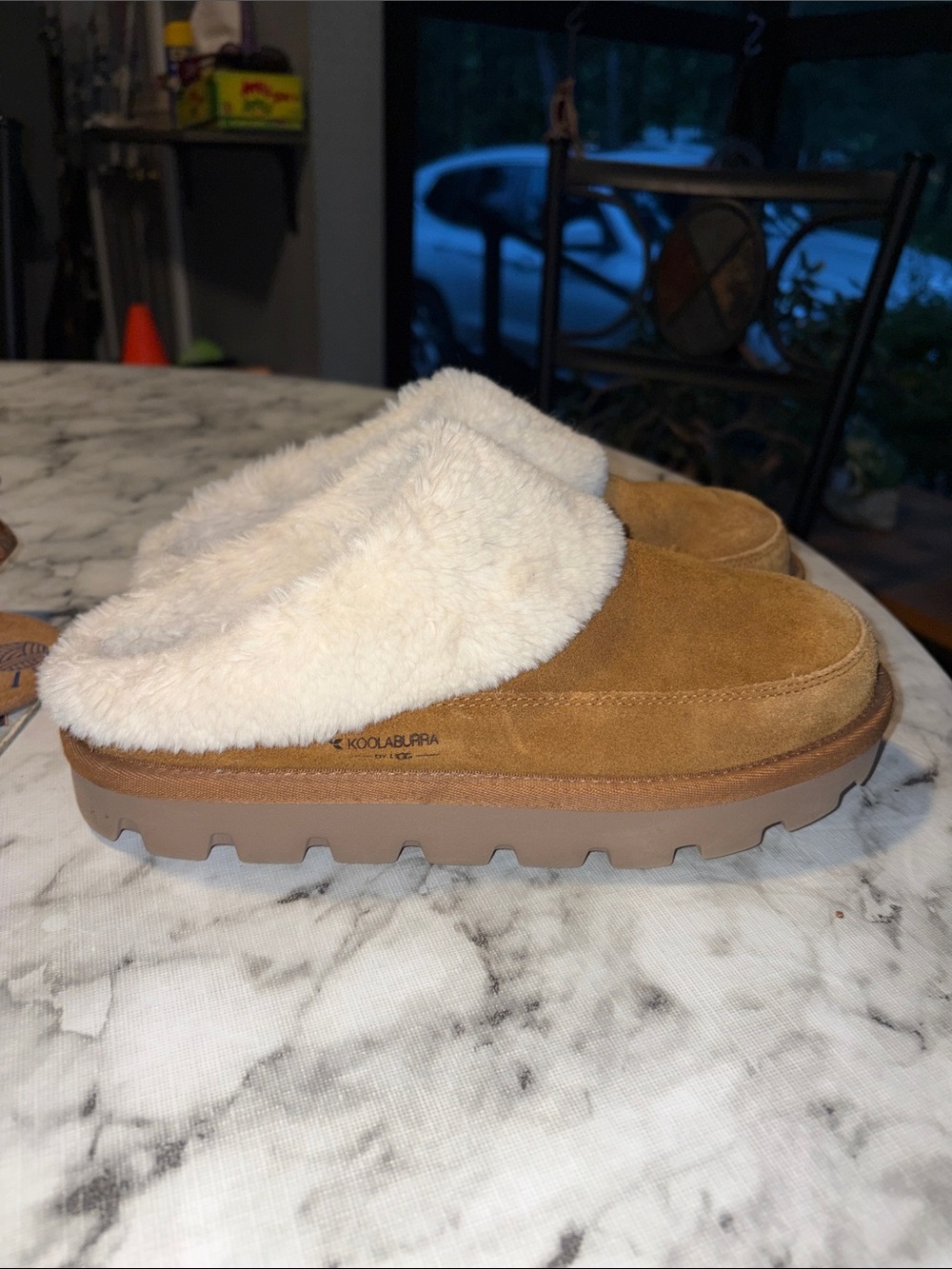 UGG Chestnut Suede Shearling Platform Slippers
